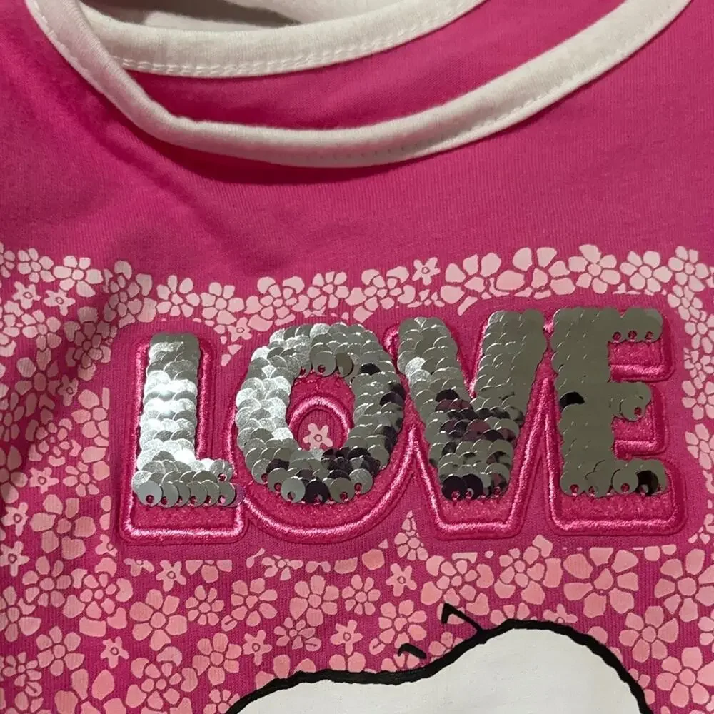 365 Kids 7 Pink Snoopy hot pink sequined Love Romper elastic waist bow detail